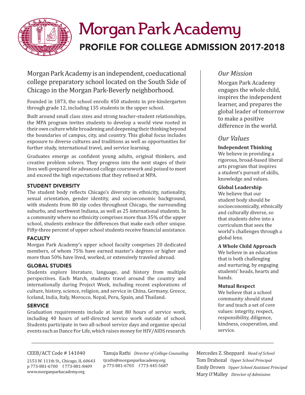 Profile for College Admission 2017-2018