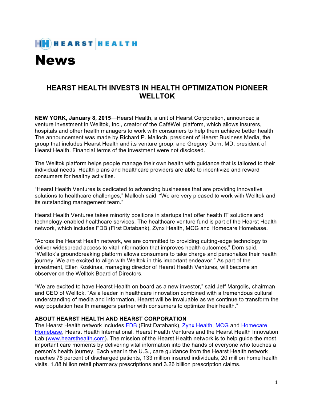 Hearst Health Invests in Health Optimization Pioneer Welltok