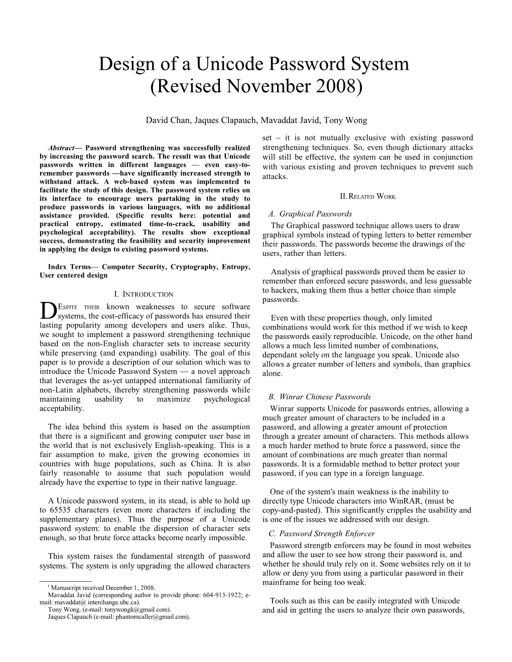 Design of a Unicode Password System (Revised November 2008)