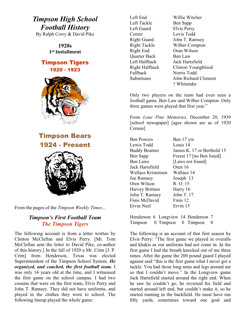 Timpson High School Football History