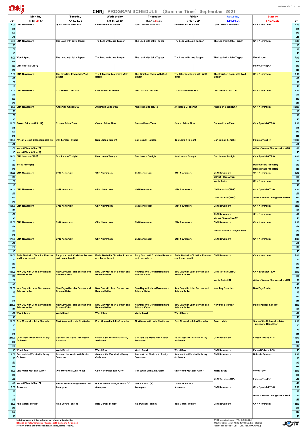 Cnnj PROGRAM SCHEDULE （Summer Time）September 2021