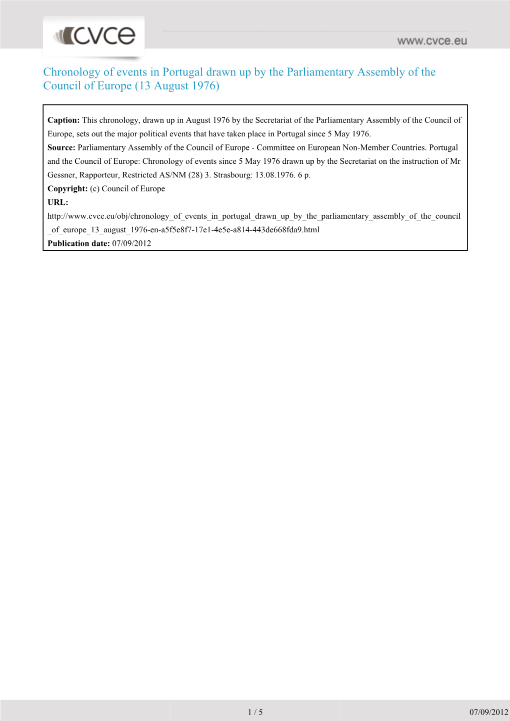 Chronology of Events in Portugal Drawn up by the Parliamentary Assembly of the Council of Europe (13 August 1976)