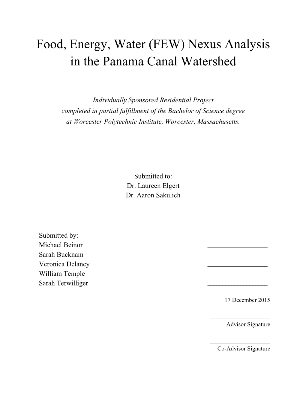 Food, Energy, Water (FEW) Nexus Analysis in the Panama Canal Watershed