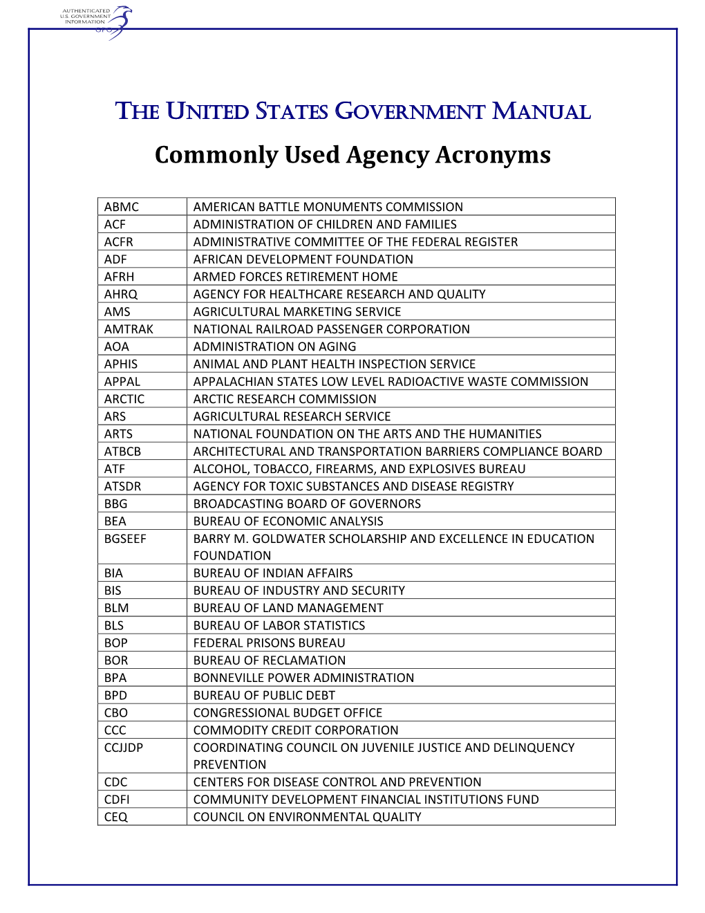 Commonly Used Agency Acronyms
