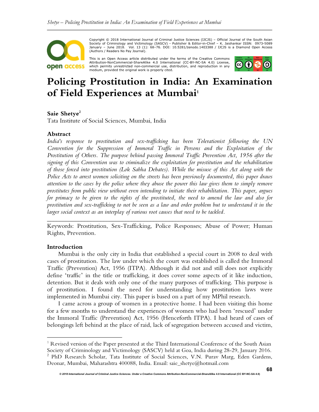 Policing Prostitution in India: an Examination of Field Experiences at Mumbai