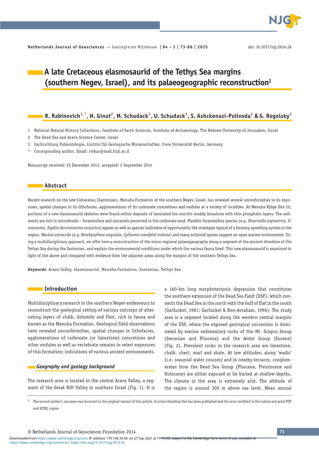 A Late Cretaceous Elasmosaurid of the Tethys Sea Margins (Southern Negev, Israel), and Its Palaeogeographic Reconstruction‡