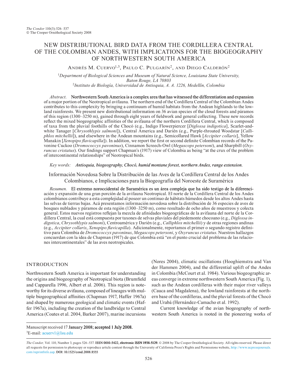 Avian Biogeography of the Northern Central Andes 527