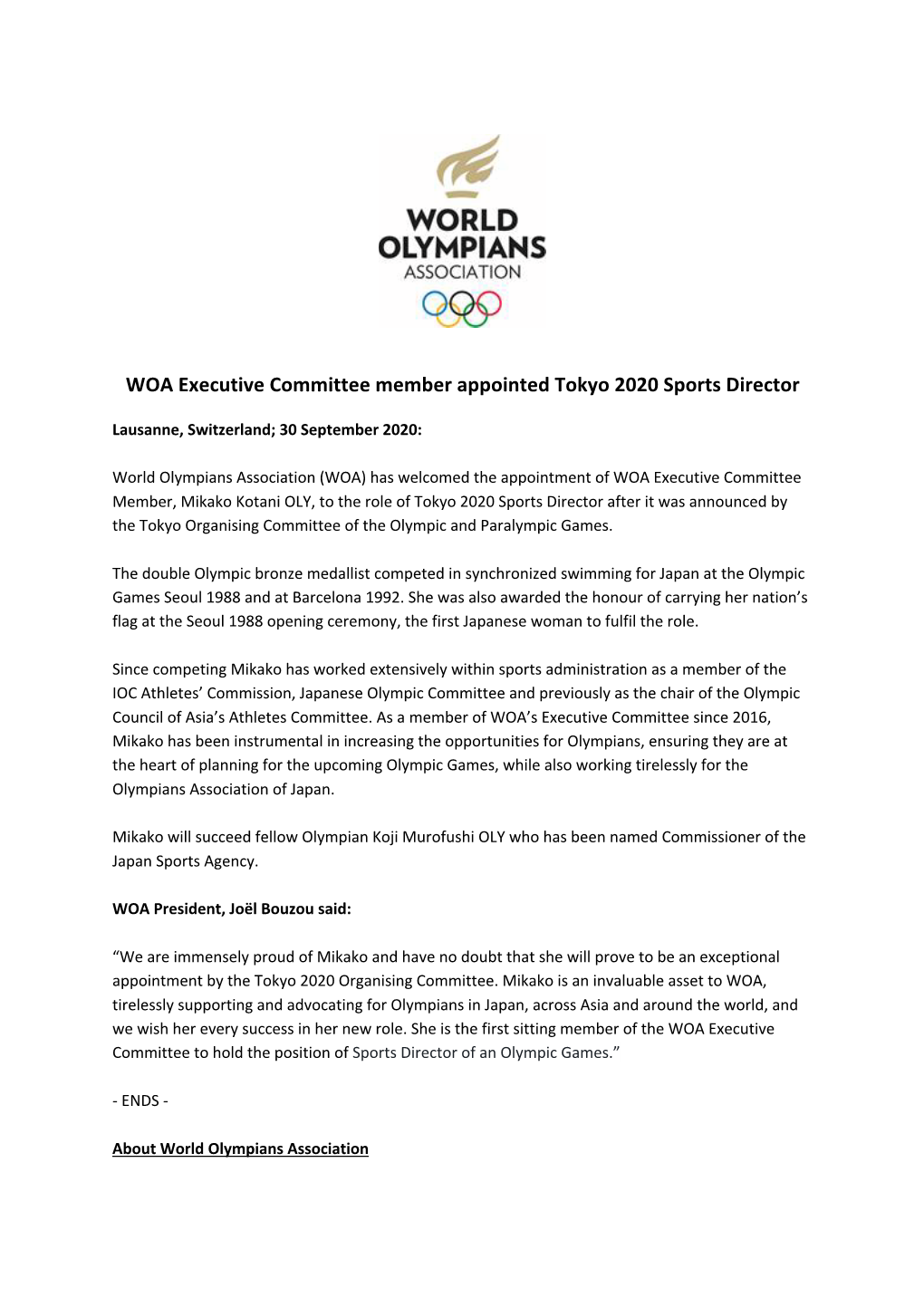 WOA Executive Committee Member Appointed Tokyo 2020 Sports Director
