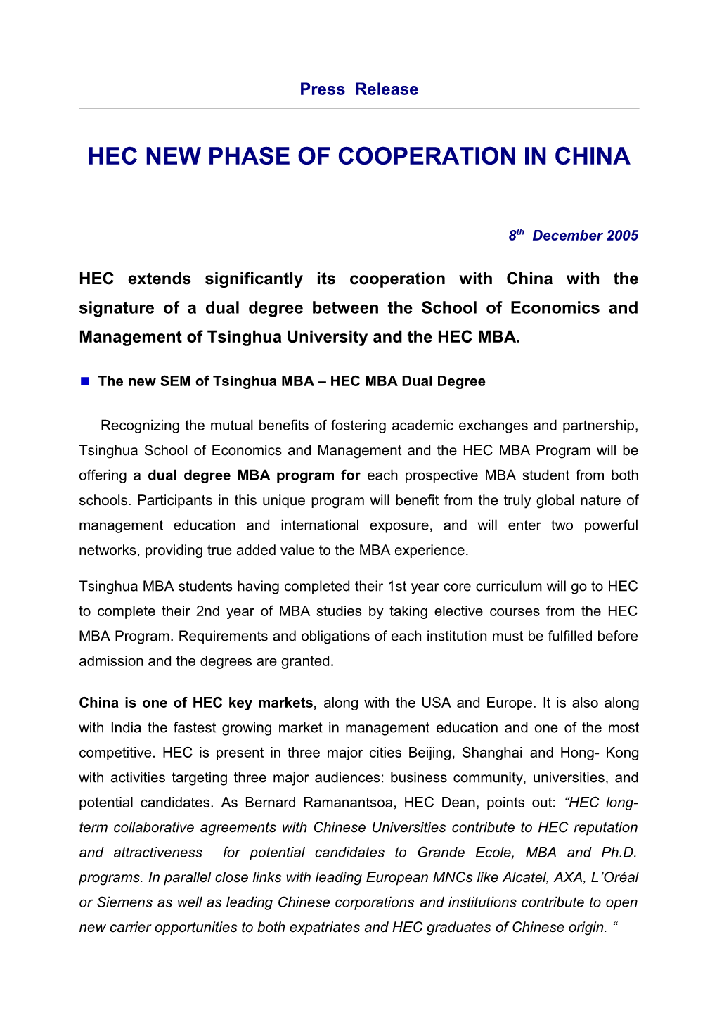 Hec New Phase of Cooperation in China