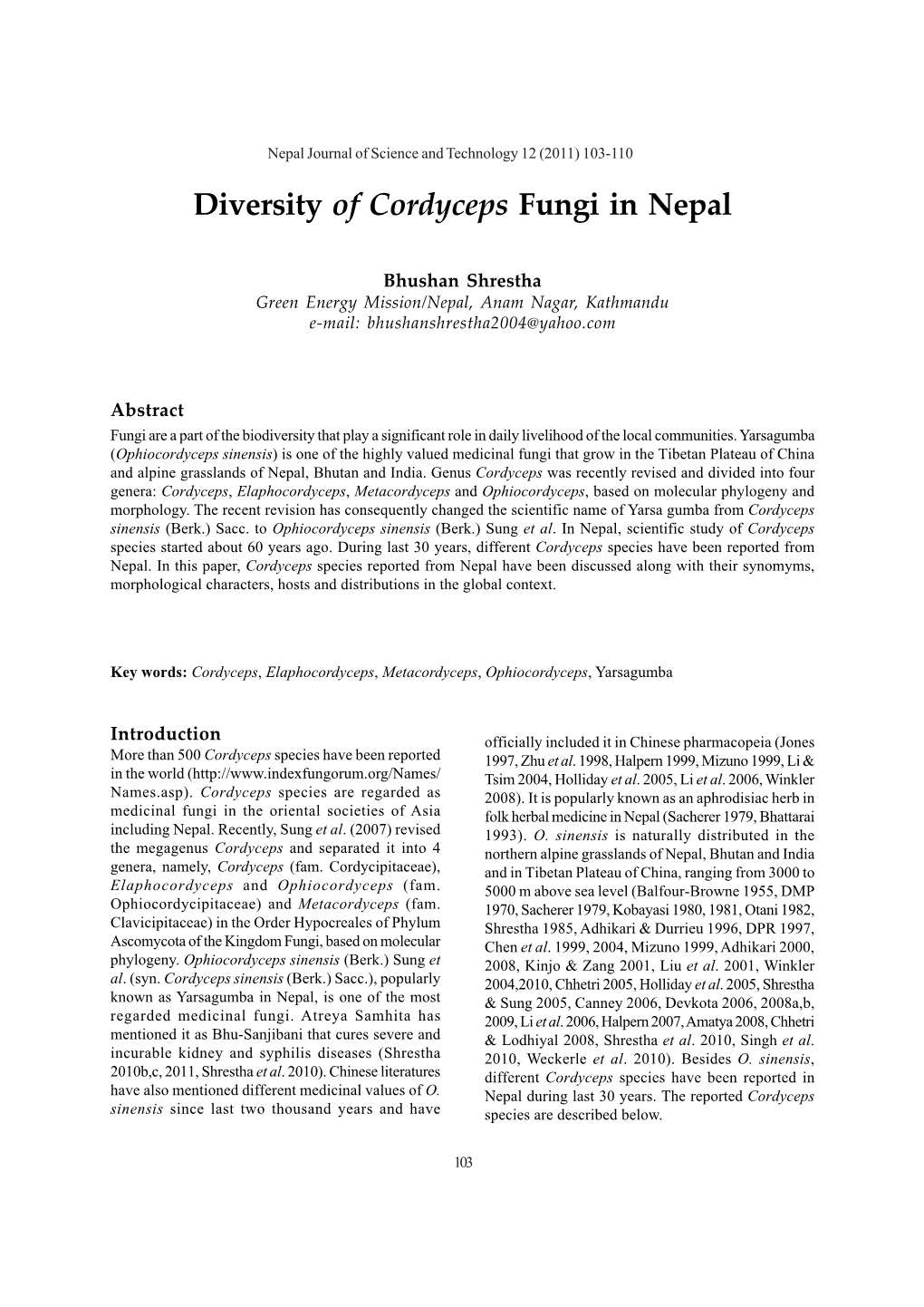 Diversity of Cordyceps Fungi in Nepal