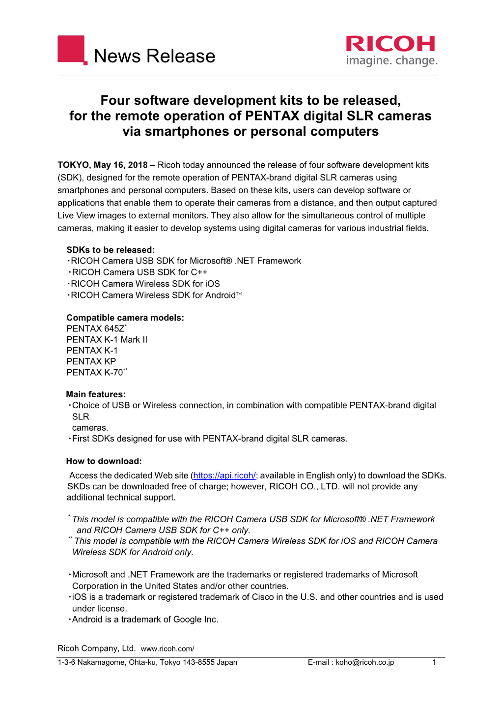 Software Development Kits for PENTAX Digital SLR Cameras