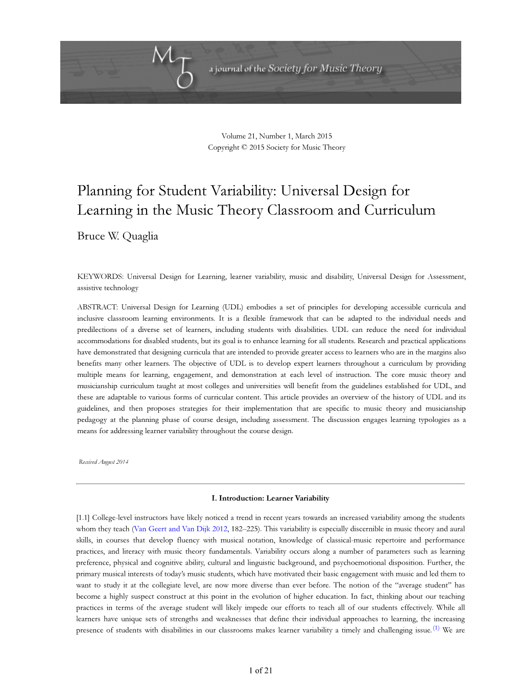 MTO 21.1: Quaglia, Planning for Student