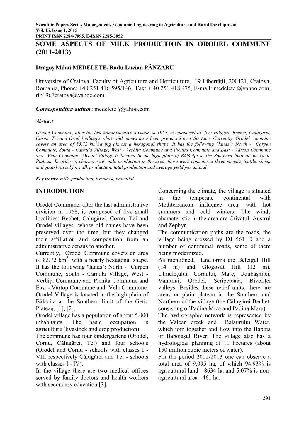 Some Aspects of Milk Production in Orodel Commune (2011-2013)