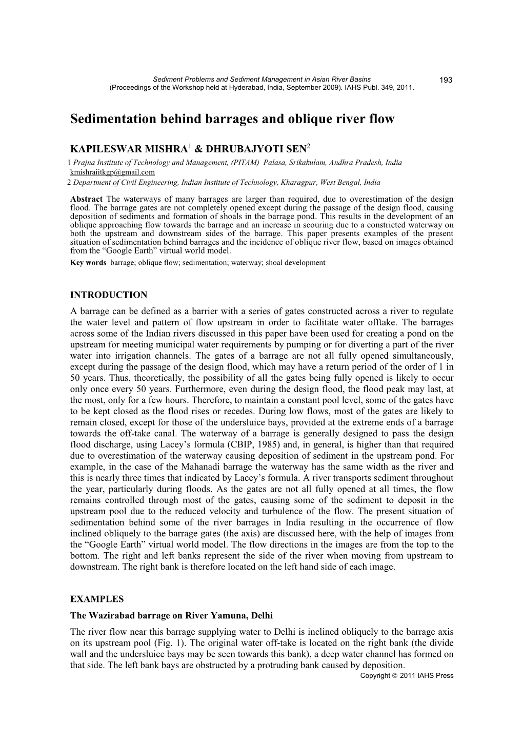 Sedimentation Behind Barrages and Oblique River Flow