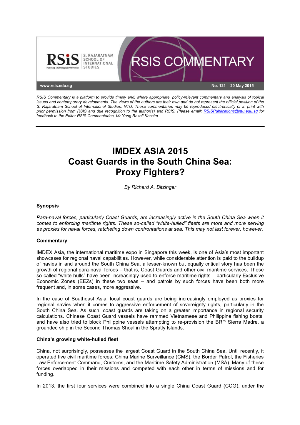 IMDEX ASIA 2015 Coast Guards in the South China Sea: Proxy Fighters?
