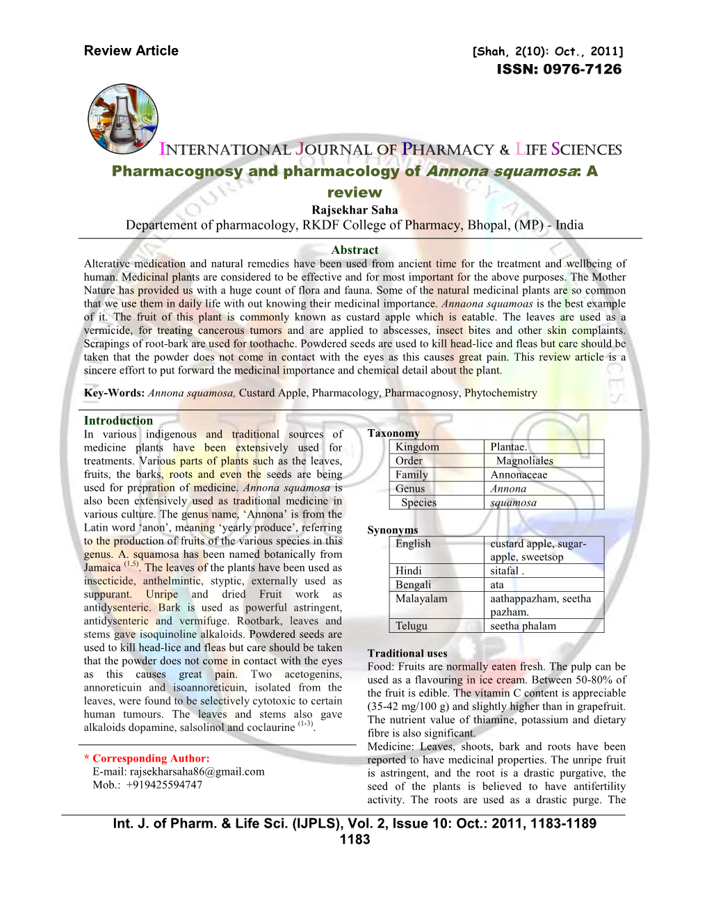 Pharmacognosy and Pharmacology of Annona Squamosa: a Review