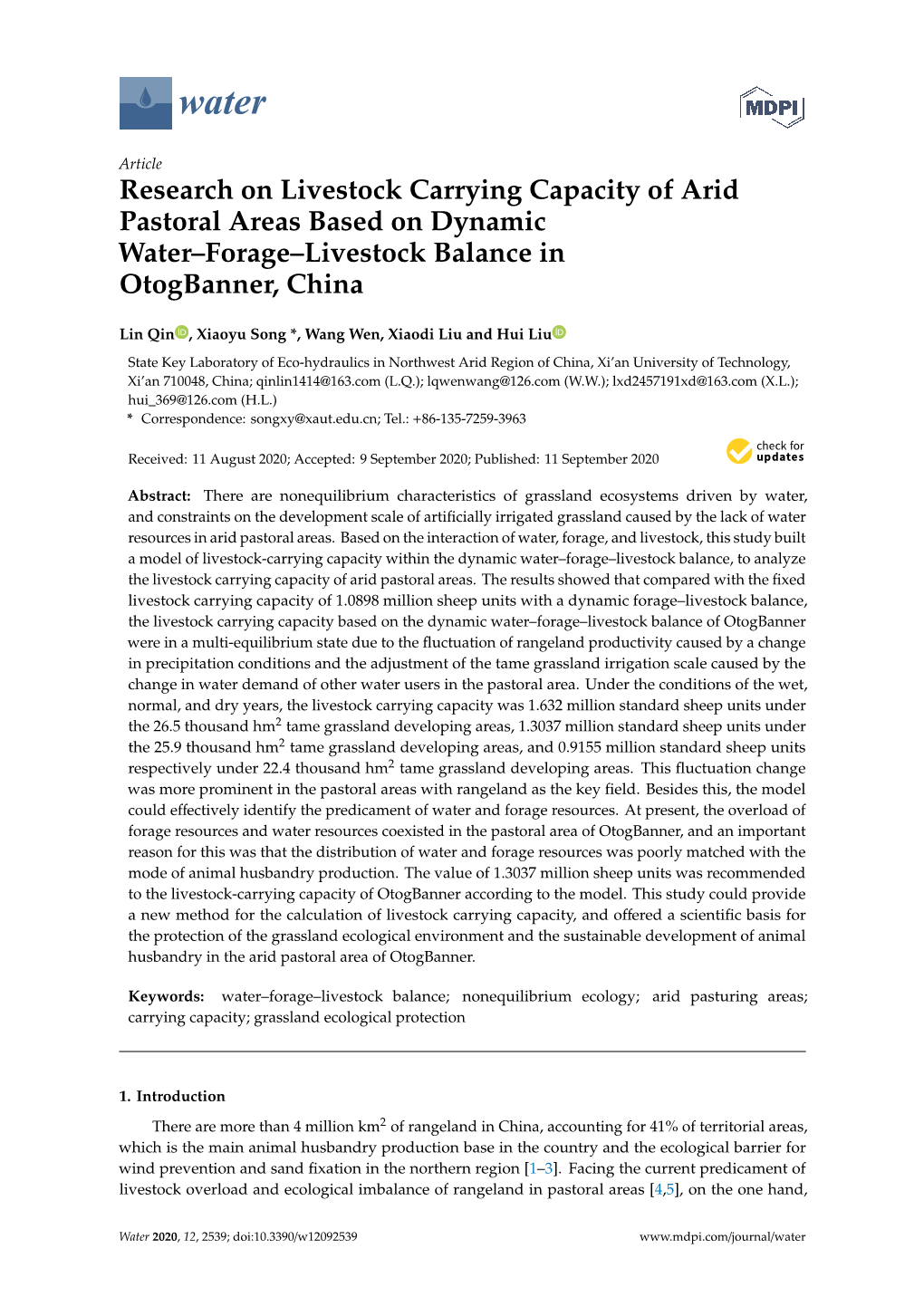 Research on Livestock Carrying Capacity of Arid Pastoral Areas Based on Dynamic Water–Forage–Livestock Balance in Otogbanner, China