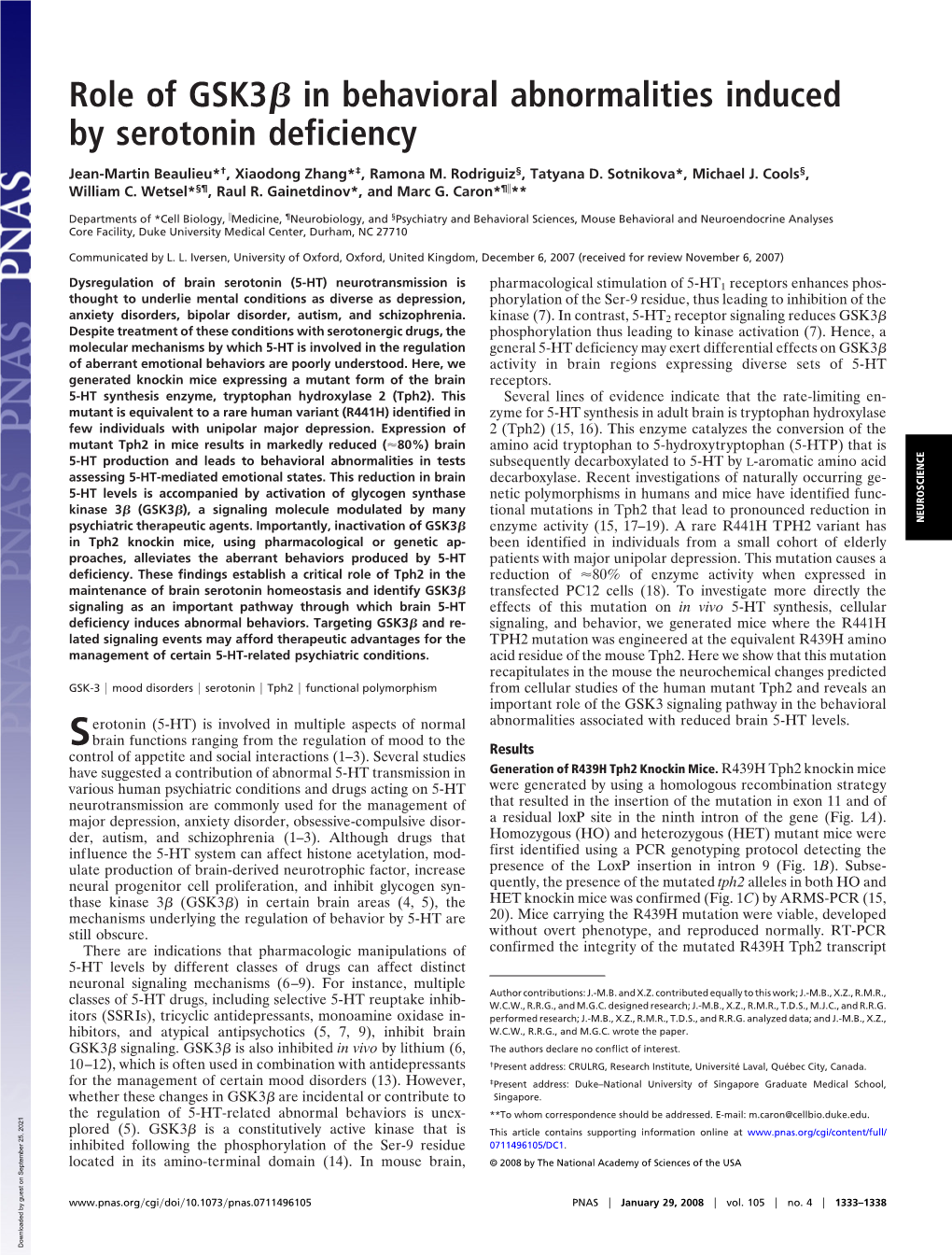 Role of Gsk3ß in Behavioral Abnormalities Induced by Serotonin