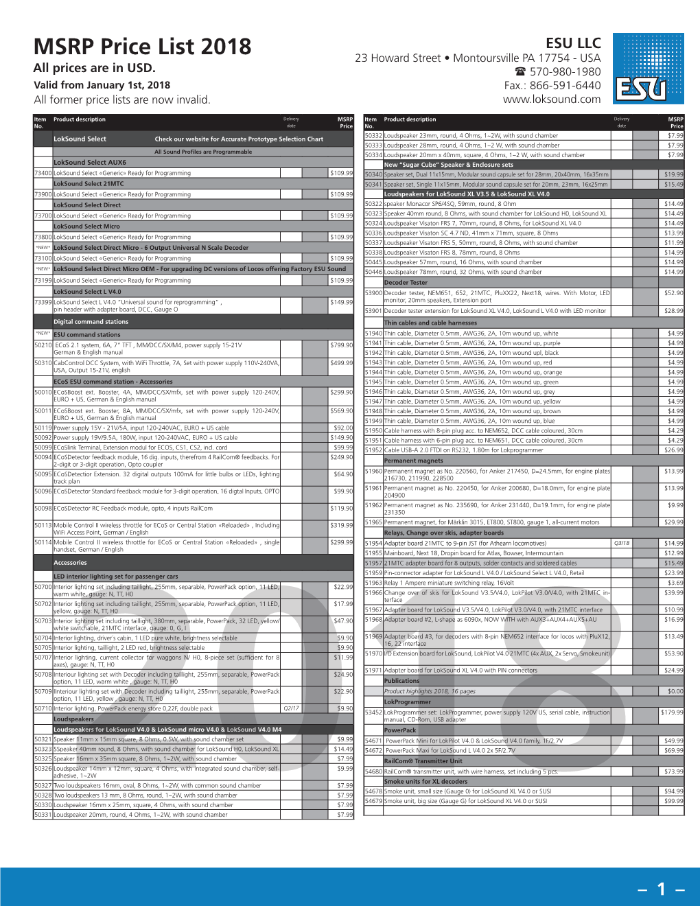 MSRP Price List 2018 23 Howard Street • Montoursville PA 17754 - USA All Prices Are in USD