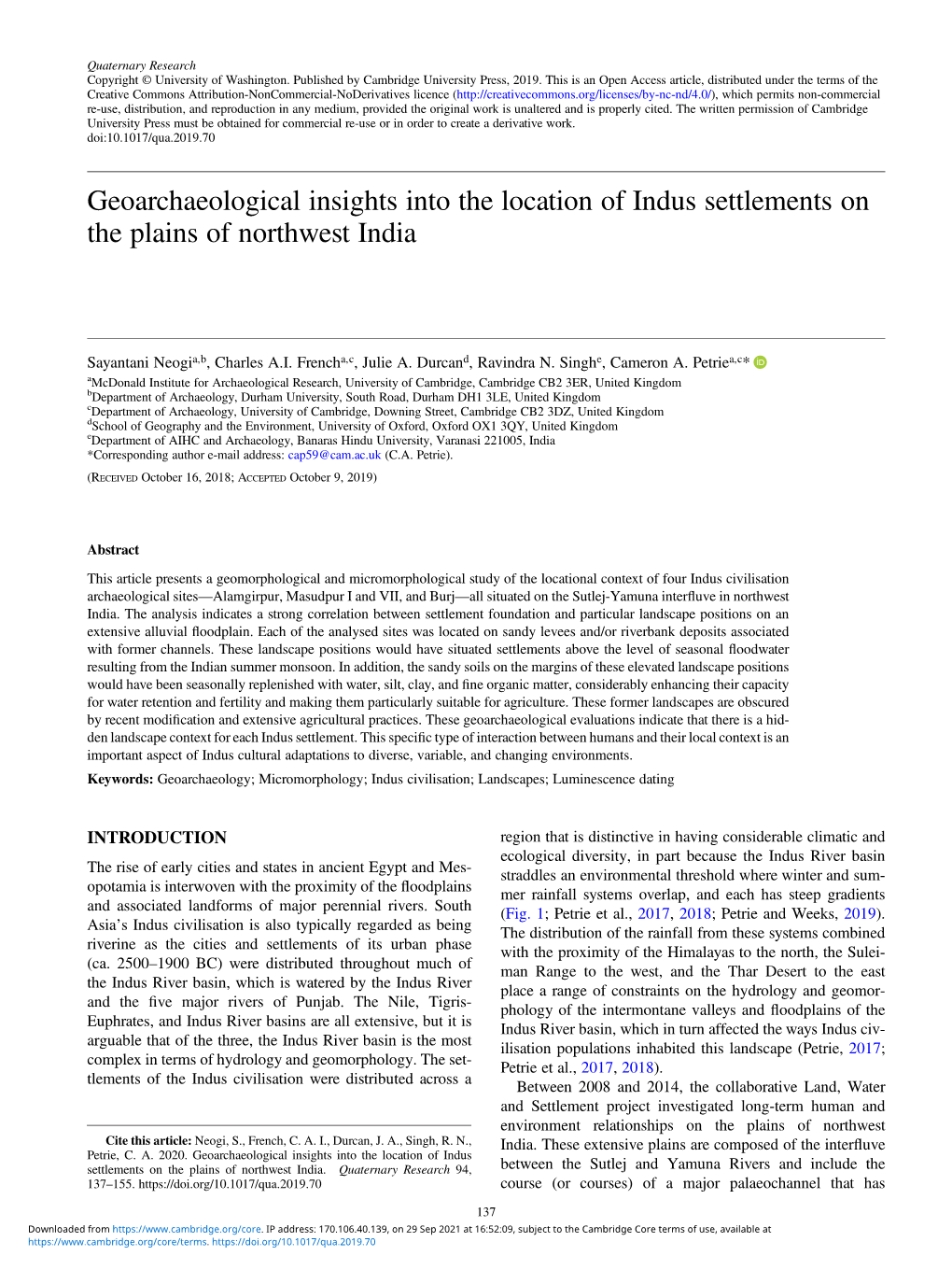 Geoarchaeological Insights Into the Location of Indus Settlements on the Plains of Northwest India