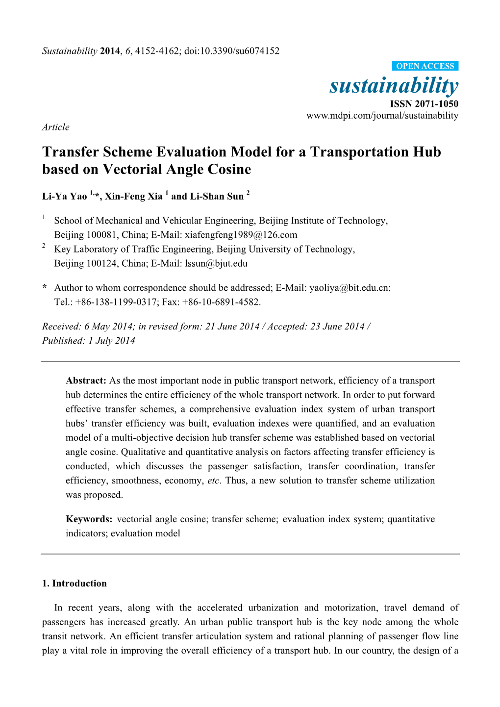 Transfer Scheme Evaluation Model for a Transportation Hub Based on Vectorial Angle Cosine