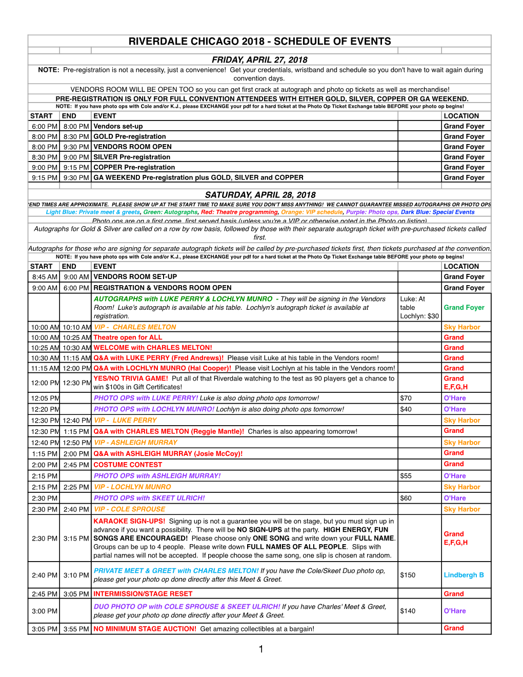 Riverdale Chicago 2018 - Schedule of Events