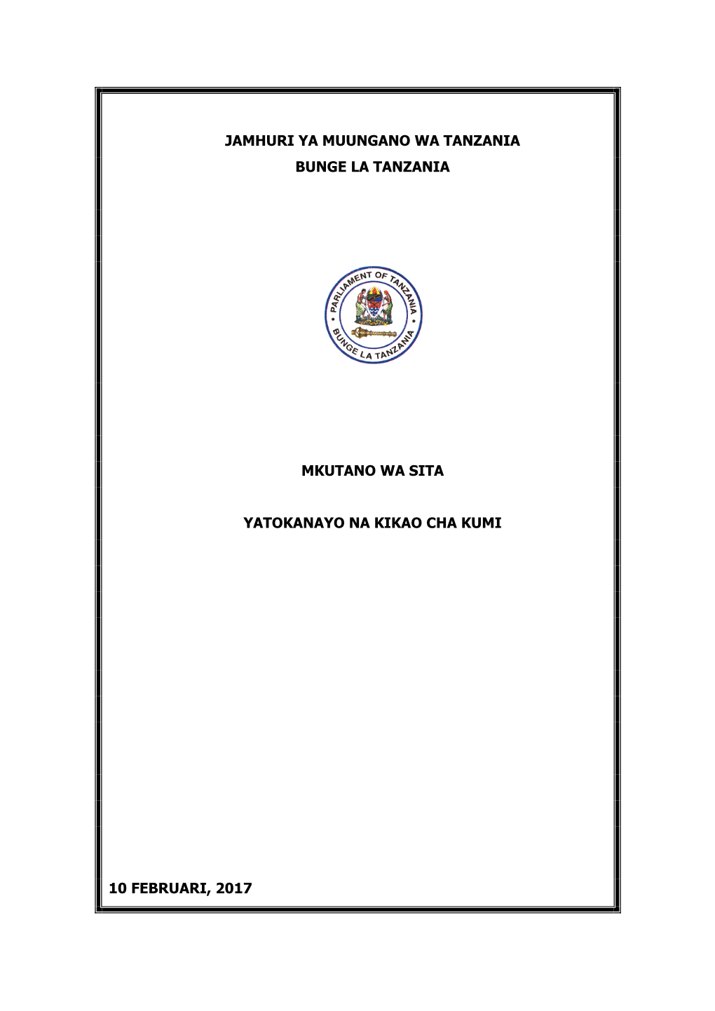 Jamhuri Ya Muungano Wa Tanzania Bunge La Tanzania