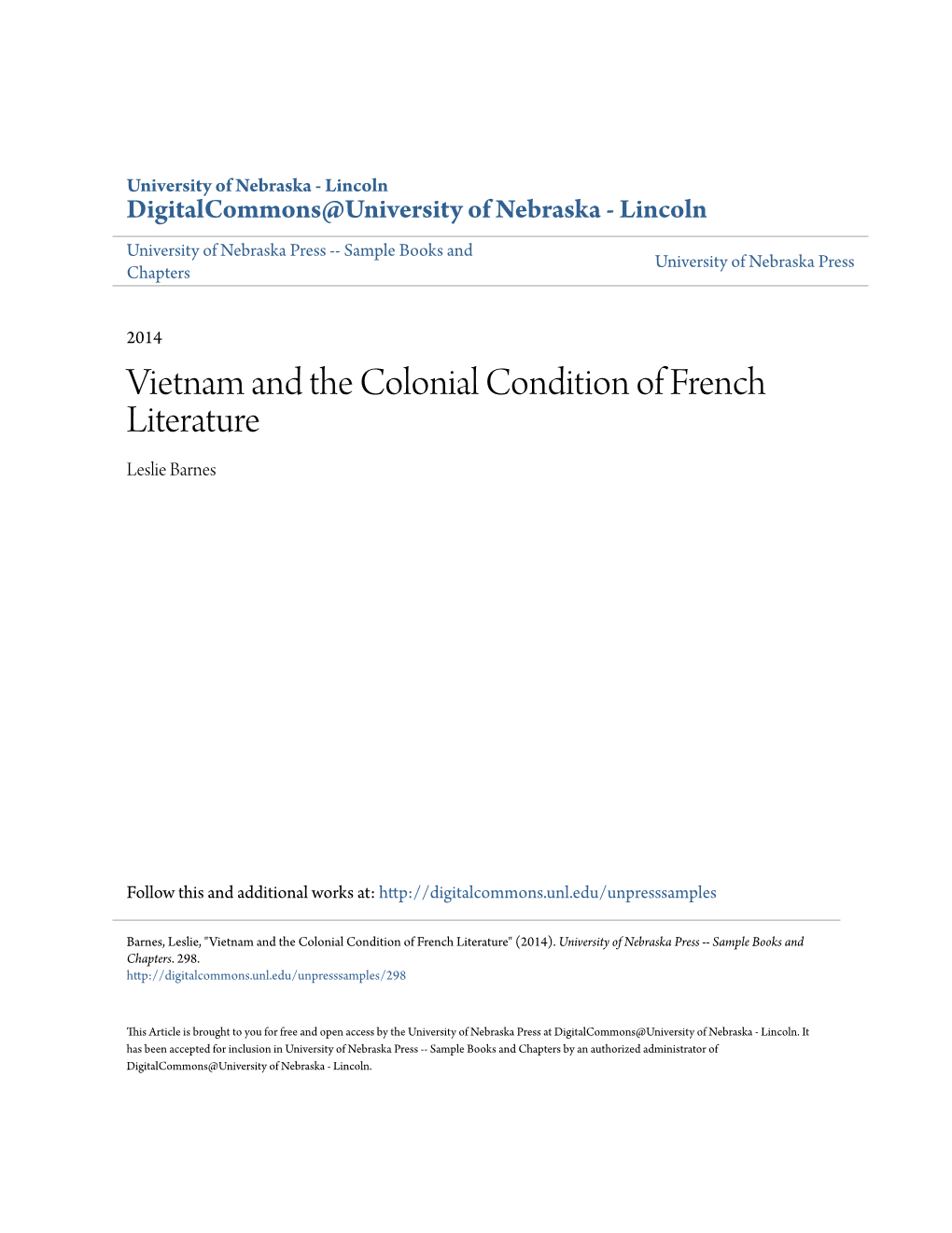 Vietnam and the Colonial Condition of French Literature Leslie Barnes