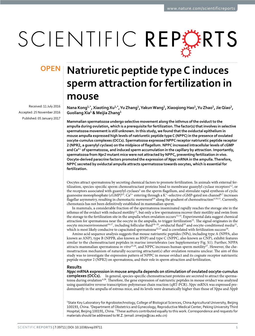 Natriuretic Peptide Type C Induces Sperm Attraction for Fertilization In