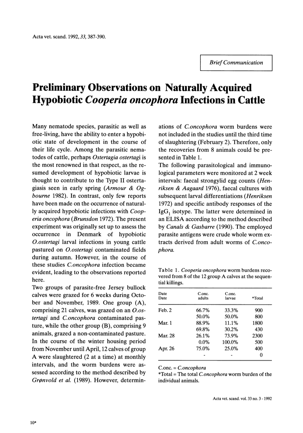 Preliminary Observations on Naturally Acquired Hypobiotic Cooperia Oncophora Infections in Cattle