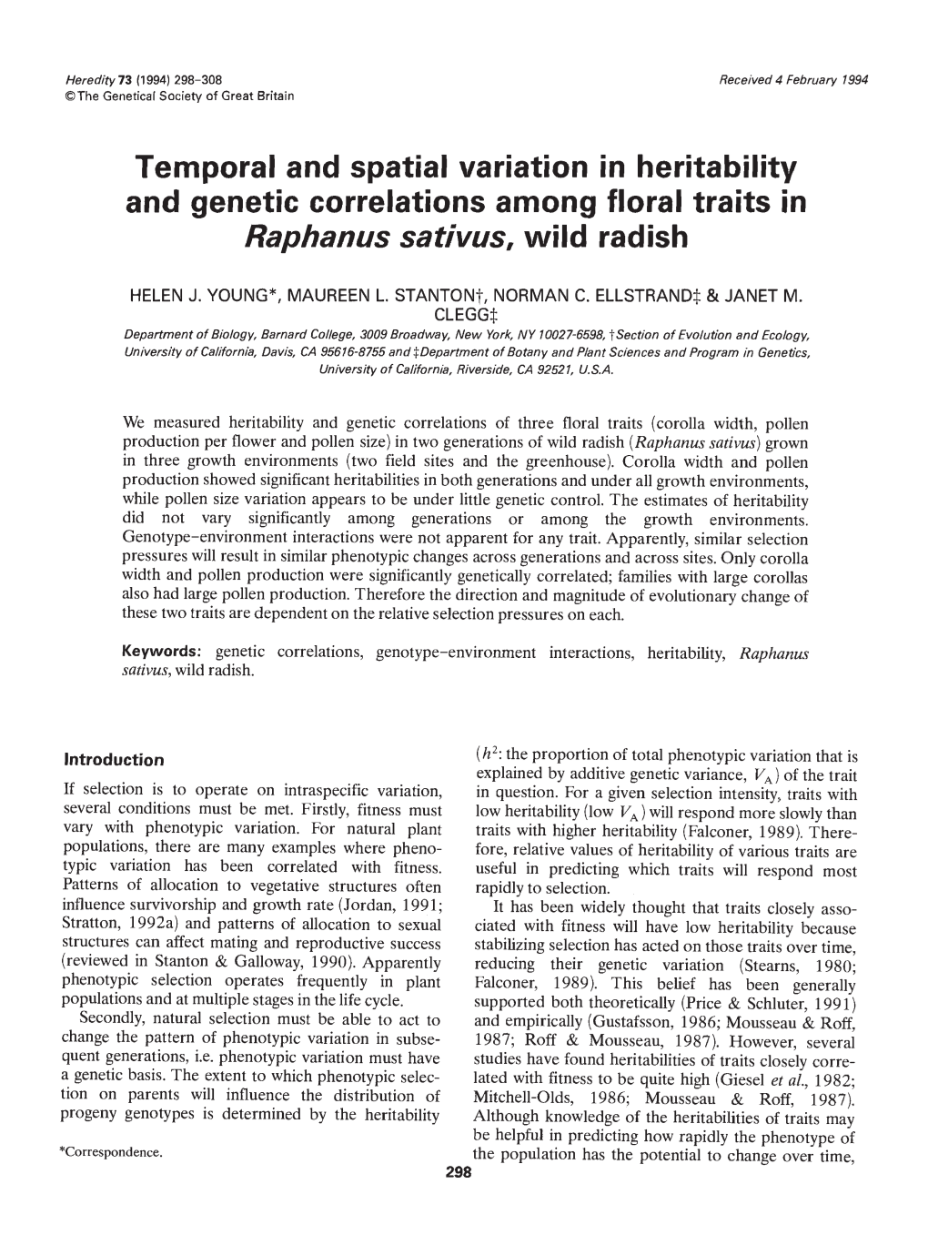 Temporal and Spatial Variation in Heritability and Genetic Correlations Among Floral Traits in Raphanus Sativus, Wild Radish