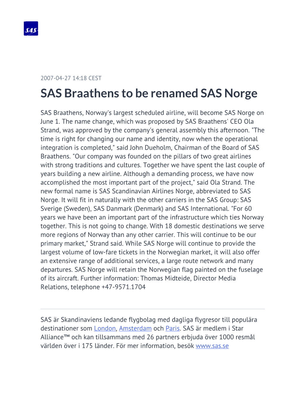 SAS Braathens to Be Renamed SAS Norge