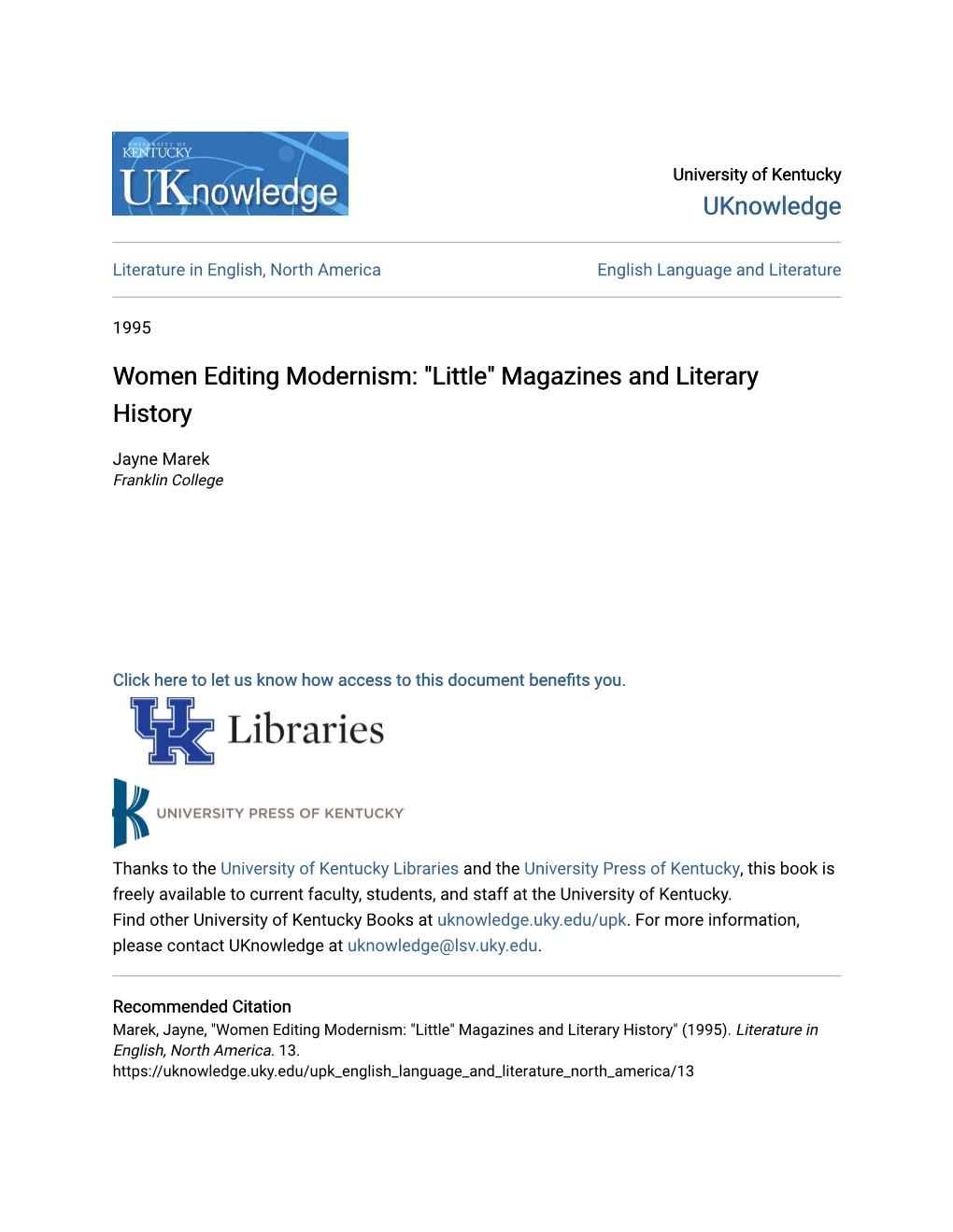 Women Editing Modernism: "Little" Magazines and Literary History