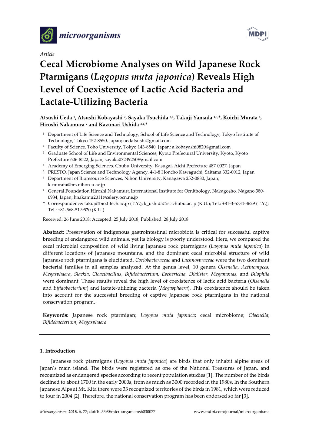 Cecal Microbiome Analyses on Wild Japanese Rock Ptarmigans