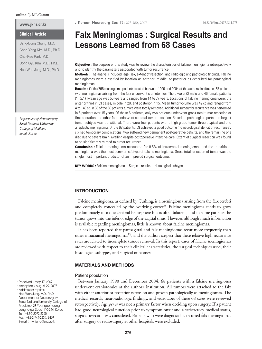 Falx Meningiomas : Surgical Results and Lessons Learned from 68 Cases