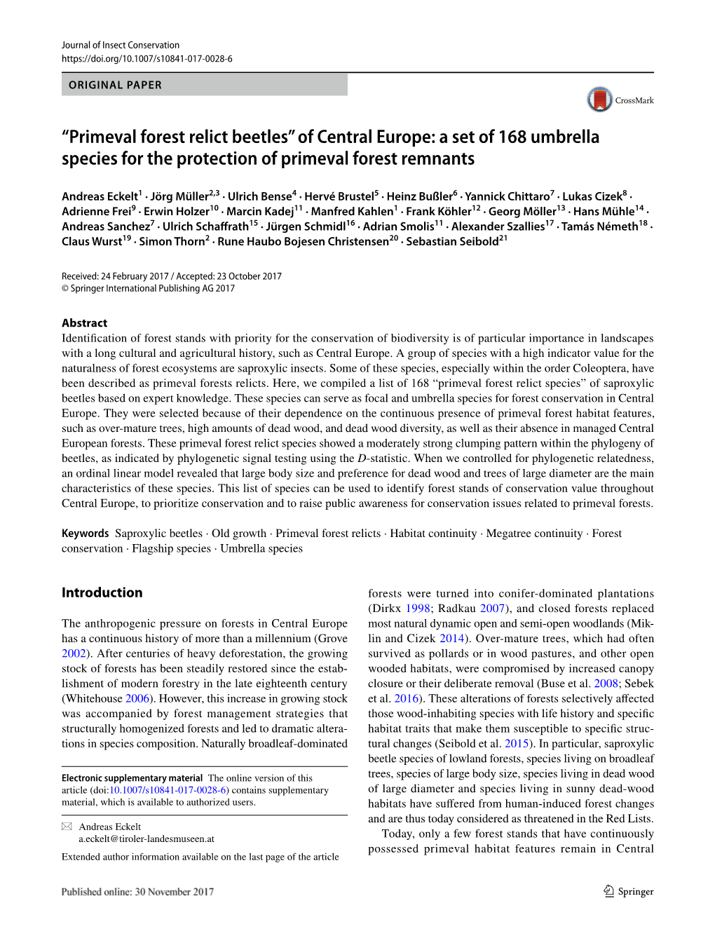 “Primeval Forest Relict Beetles” of Central Europe: a Set of 168 Umbrella Species for the Protection of Primeval Forest Remnants