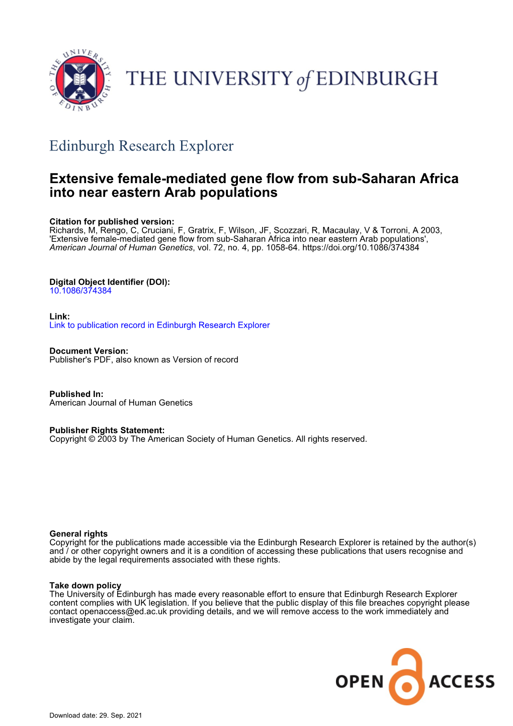 Extensive Female-Mediated Gene Flow from Sub-Saharan Africa Into Near Eastern Arab Populations