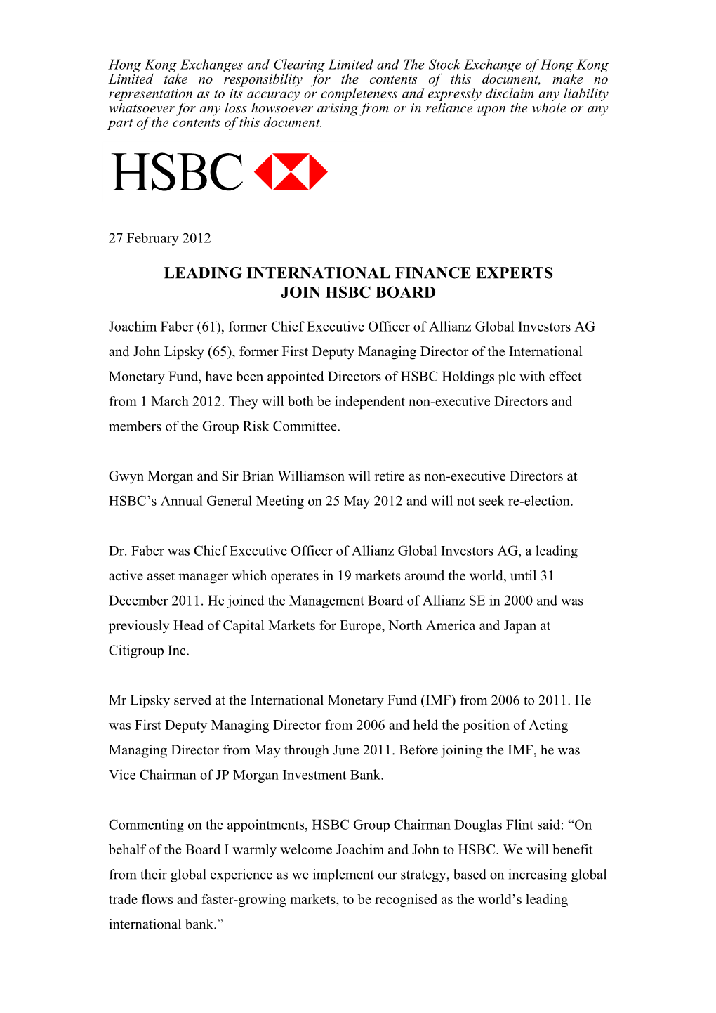Leading International Finance Experts Join Hsbc Board