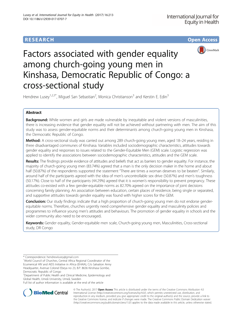 Factors Associated with Gender Equality Among Church-Going