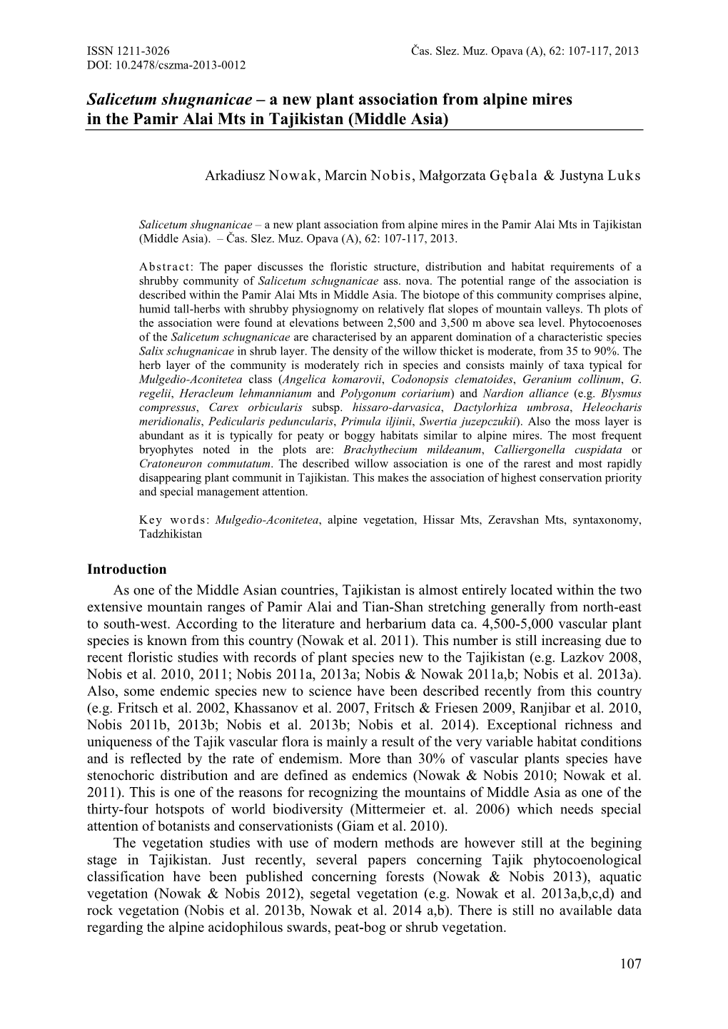 Salicetum Shugnanicae – a New Plant Association from Alpine Mires in the Pamir Alai Mts in Tajikistan (Middle Asia)