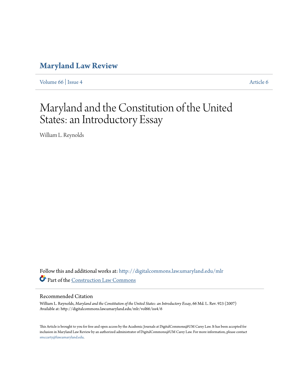 Maryland and the Constitution of the United States: an Introductory Essay William L