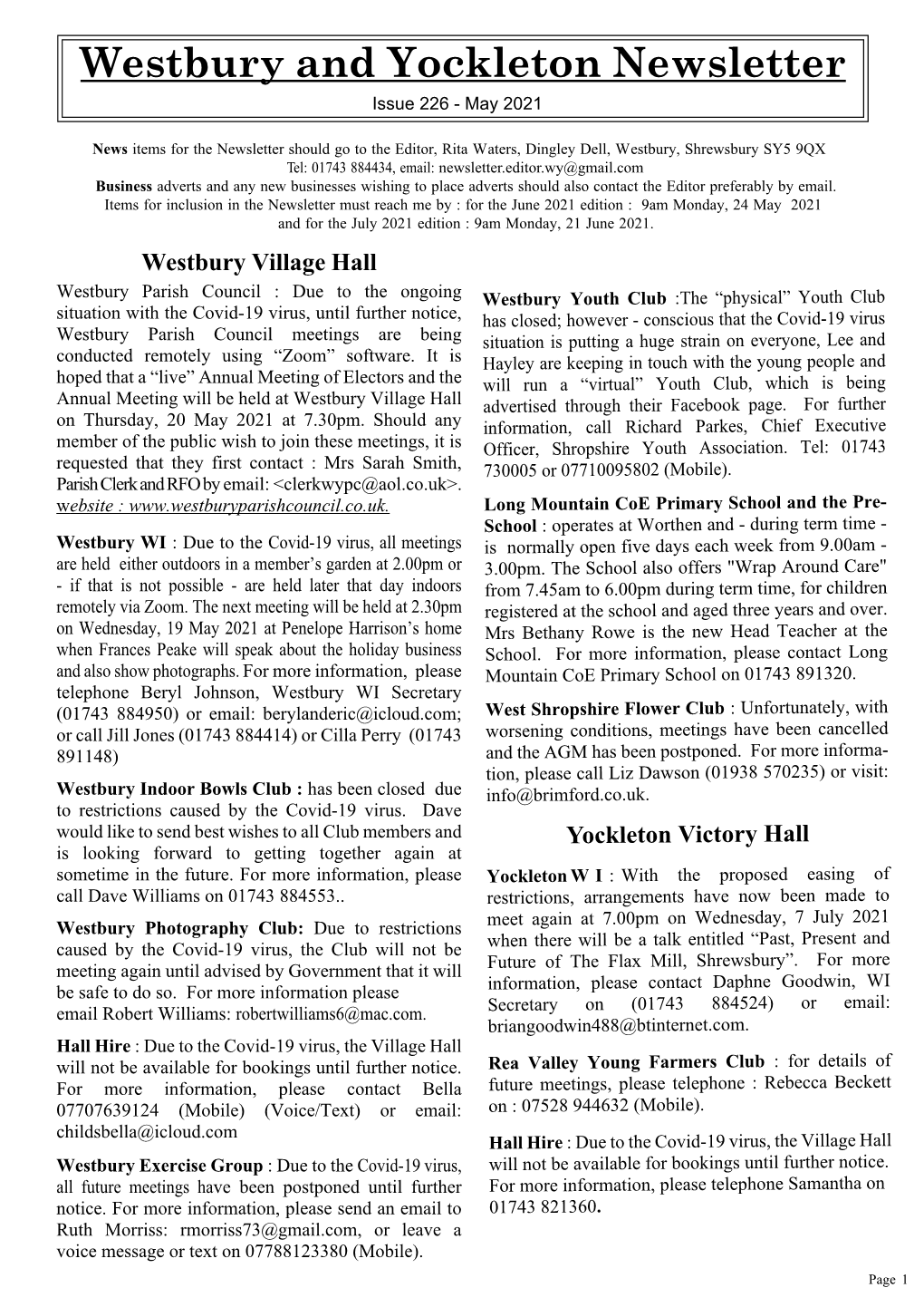 Westbury and Yockleton Newsletter Issue 226 - May 2021