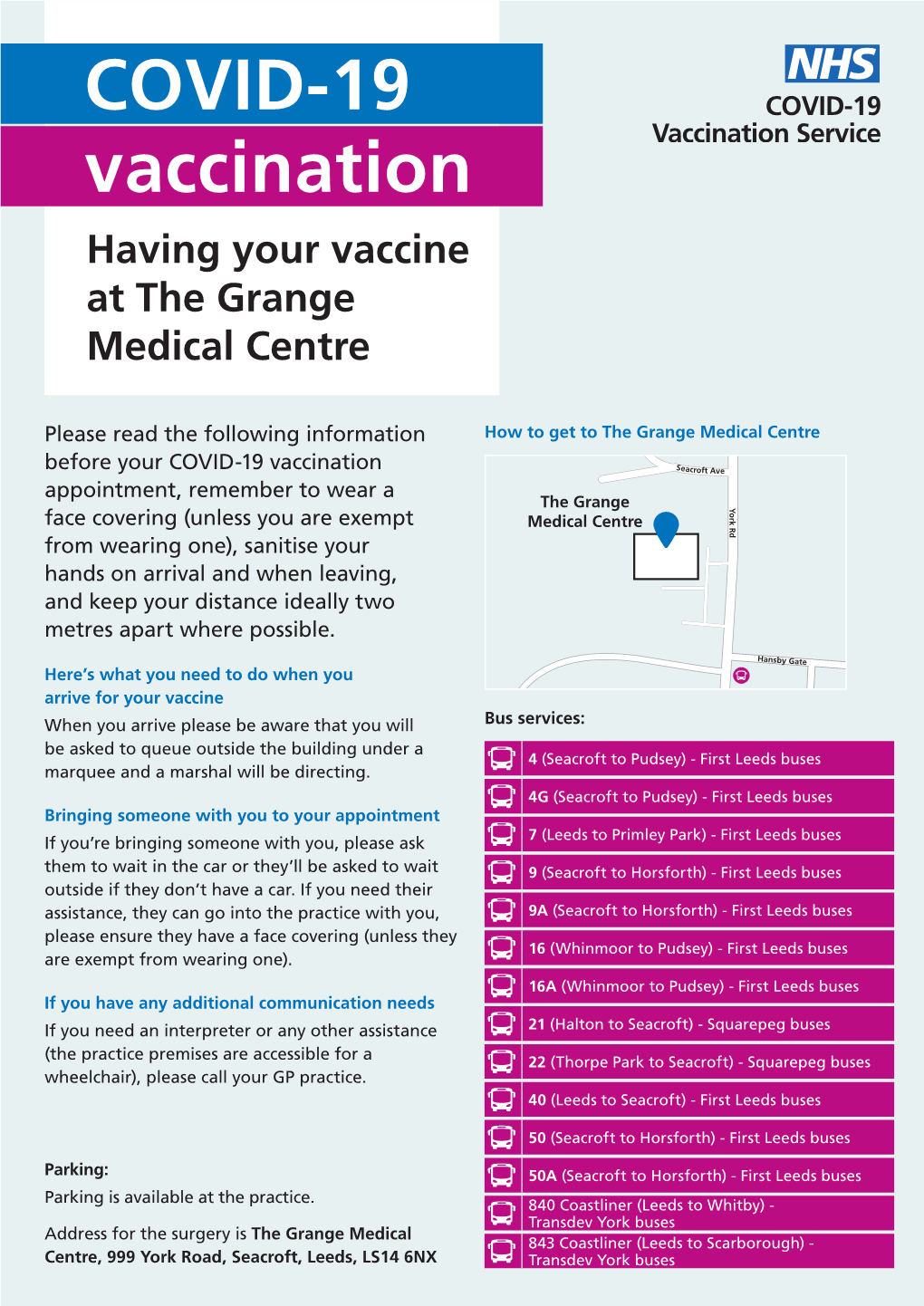 COVID-19 Vaccination Having Your Vaccine at the Grange Medical Centre