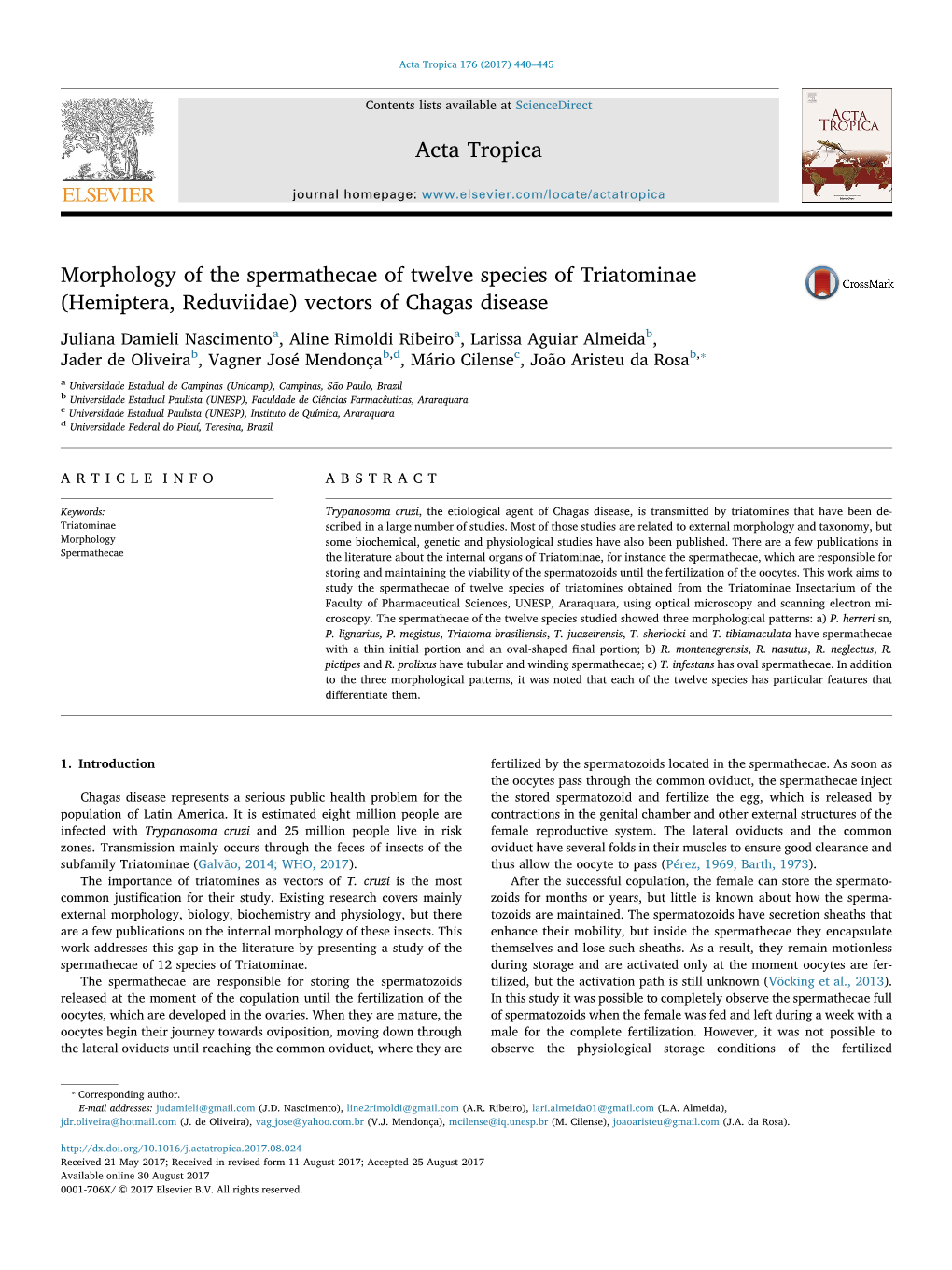 Morphology of the Spermathecae of Twelve Species of Triatominae MARK (Hemiptera, Reduviidae) Vectors of Chagas Disease