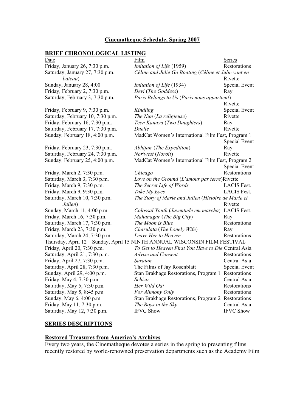 Cinematheque Schedule, Spring 2007