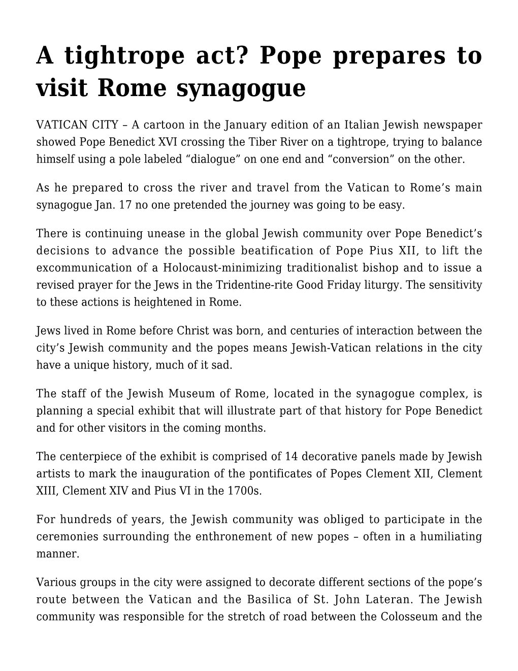 A Tightrope Act? Pope Prepares to Visit Rome Synagogue