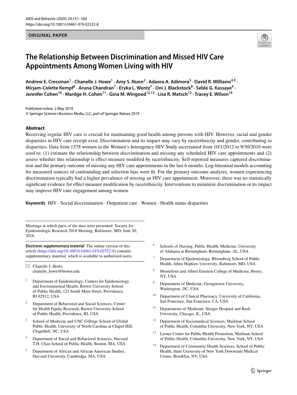 The Relationship Between Discrimination and Missed HIV Care Appointments Among Women Living with HIV