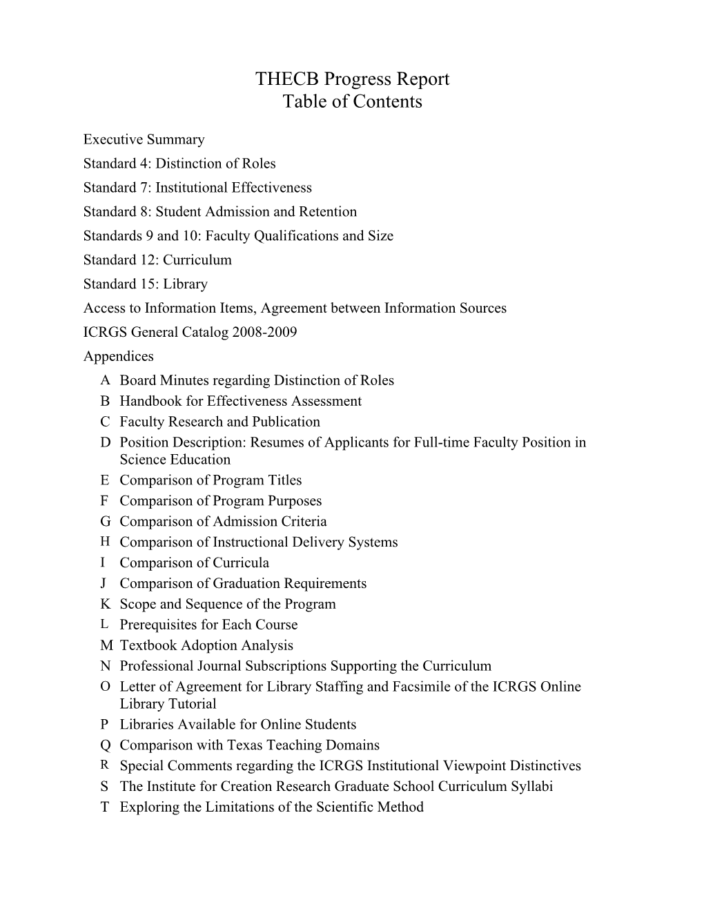 THECB Progress Report Table of Contents