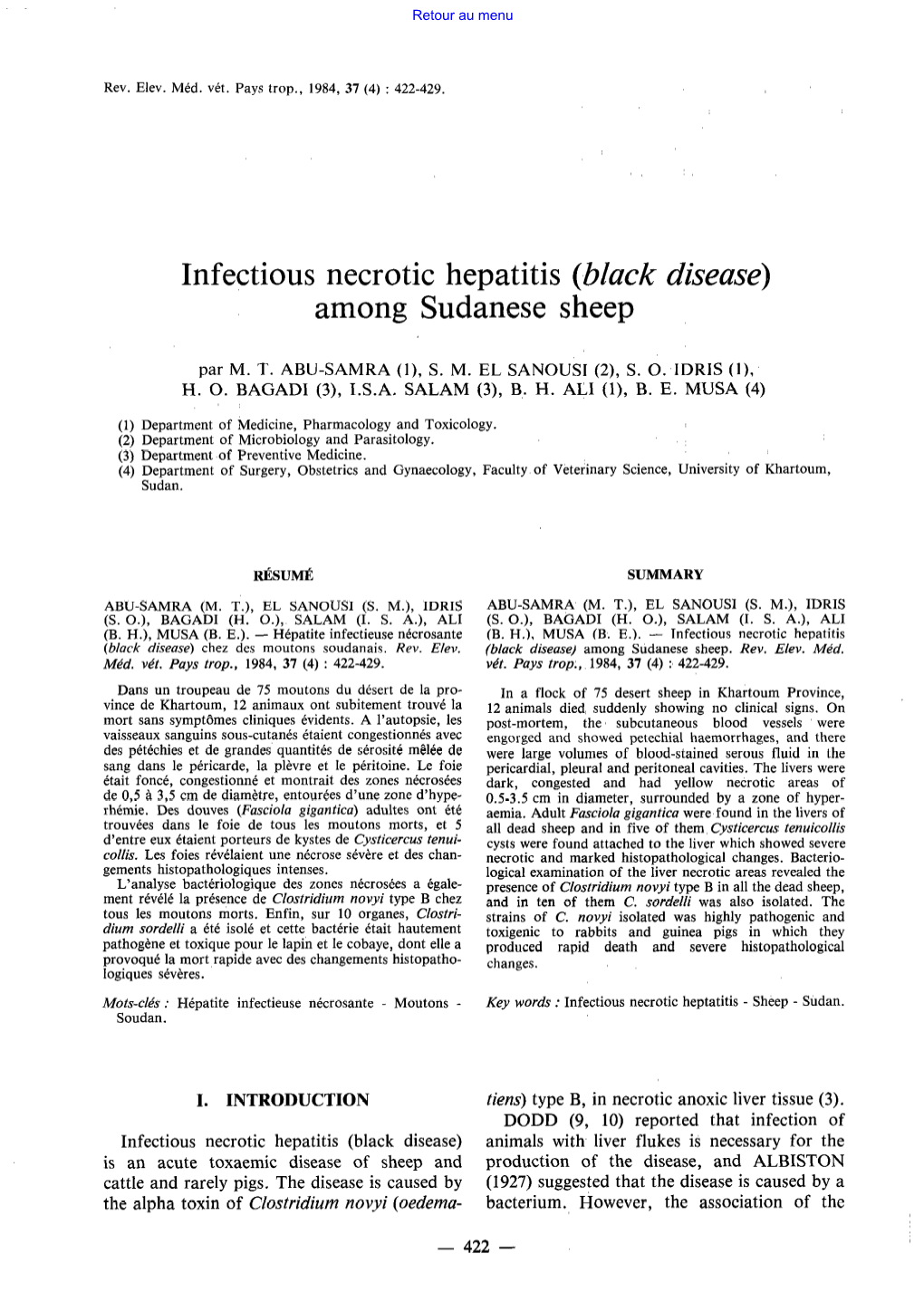Infectious Necrotic Hepatitis (Black Diseuse) Among Sudanese Sheep
