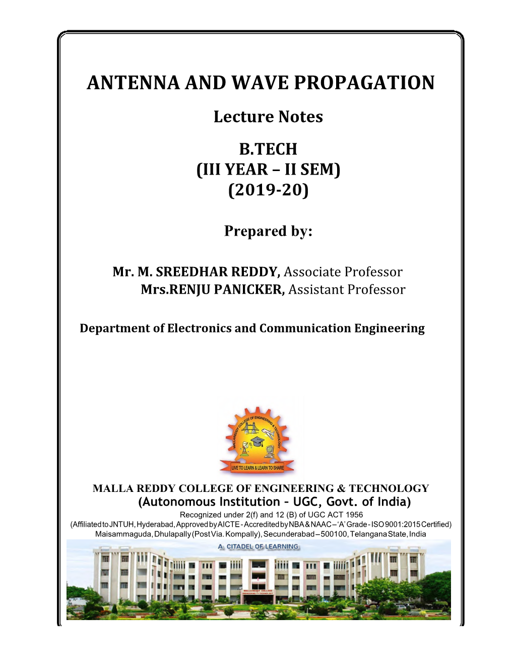 ANTENNA and WAVE PROPAGATION Lecture Notes B.TECH (III YEAR – II SEM) (2019-20)